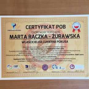 Certyfikat Polski Orzeł Biznesu - Osobowość Roku 2016           (18.VII.2016)